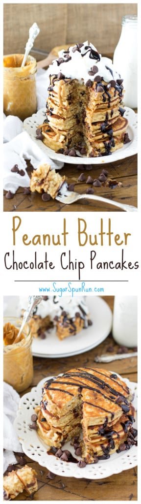 Peanut butter chocolate chip pancakes -- SugarSpunRun.com