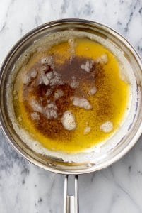 Overhead of browned butter in sauce pan
