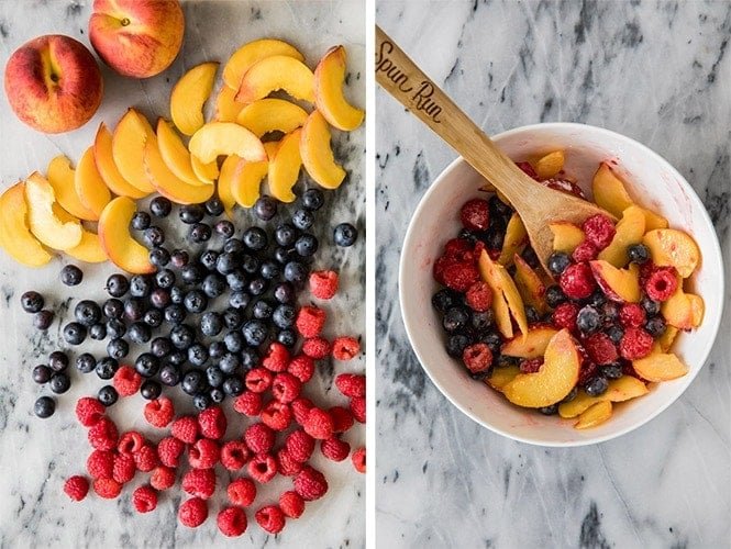 How to make a simple fruit galette recipe! Galettes are easier to make than fruit pies, but every bit as tasty. #summerrecipe #easypierecipe #sugarspunrun #easyaspie How to make fruit galette filling -- peaches, blueberries, raspberries