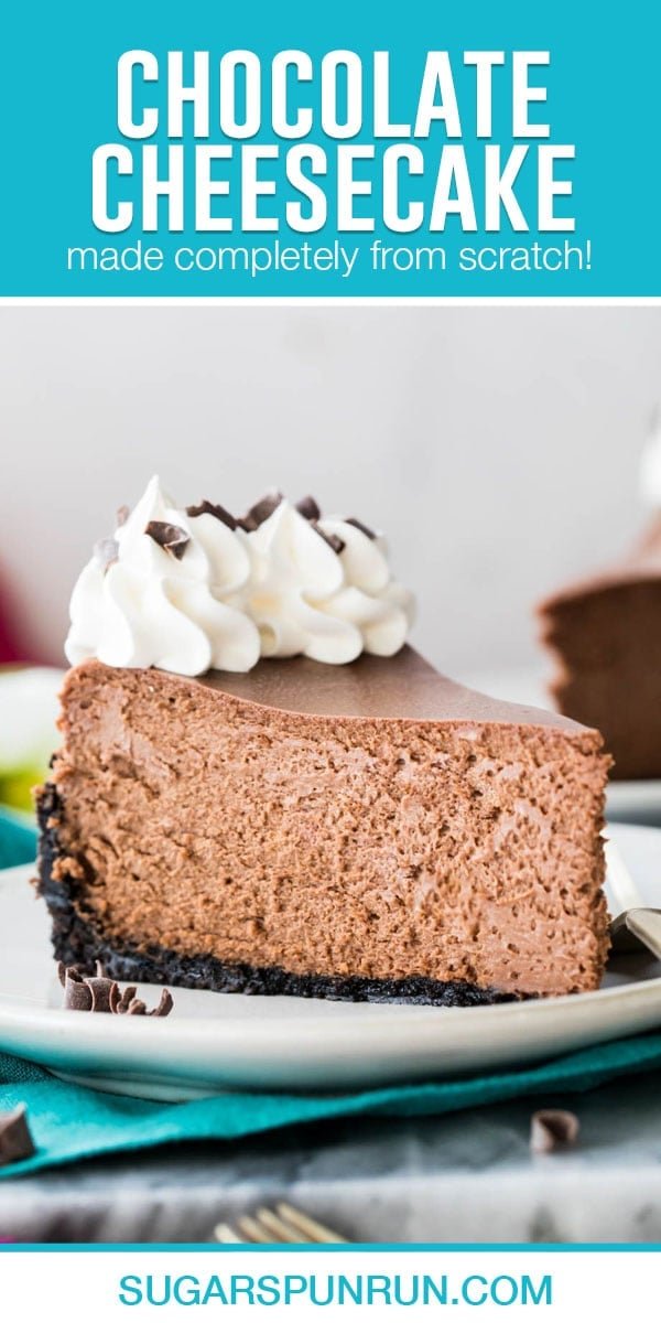 single image of a slice of chocolate cheesecake on white plate, title in teal bar at the top