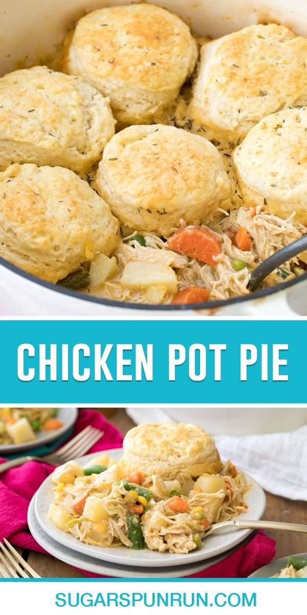 collage of chicken pot pie, top image is of close up of pie with spoons, bottom image is it served on white plate