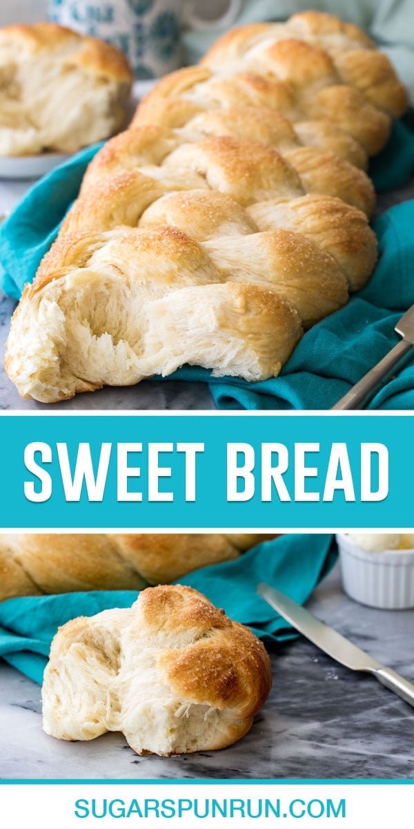 sweet bread collage, top image of loaf with piece torn out, bottom image single piece