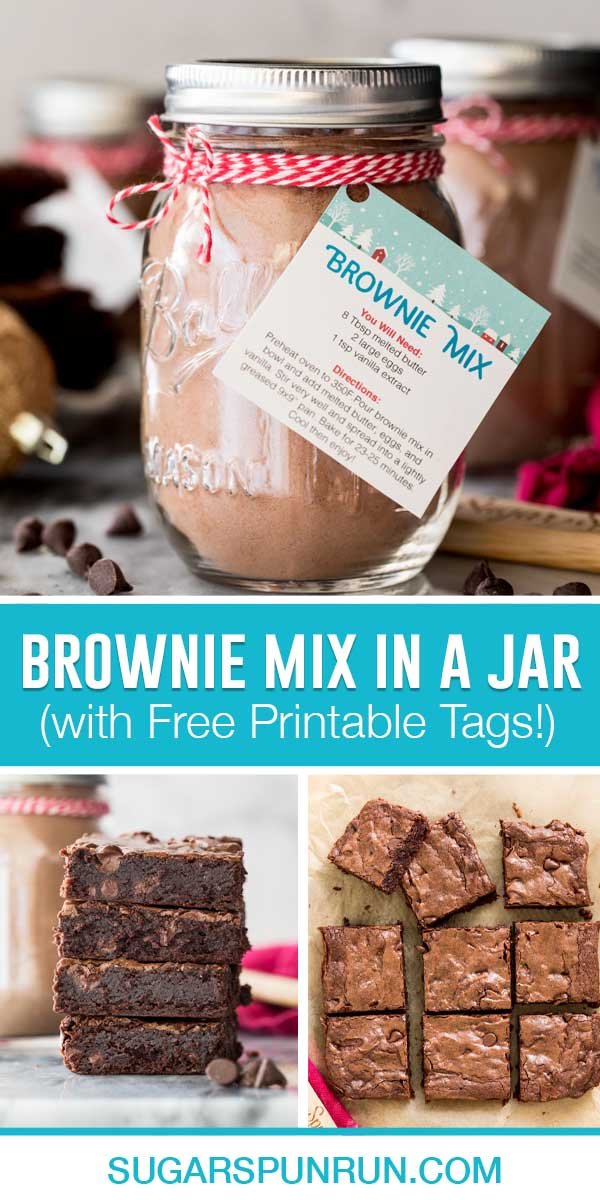 collage of giftable brownie mix in a jar, top image of mix in jar with printable tag, bottom two images of baked brownies, stacked and unstacked