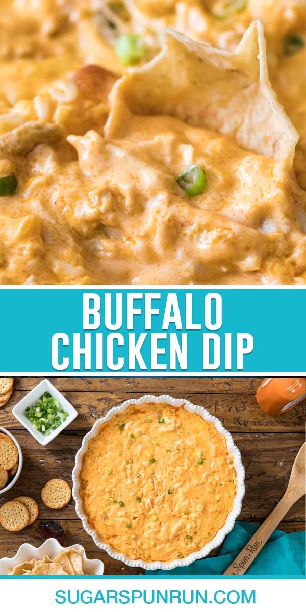 collage of buffalo chicken dip, top image is close up photograph of chip dipped into dip, bottom image of dip in dish