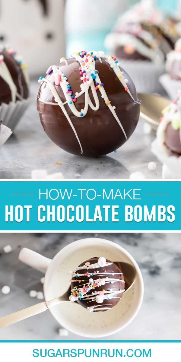 collage of hot chocolate bombs, top image is of single bomb with white chocolate drizzle and colorful sprinkles, bottom image is of same hot chocolate bomb on spoon on top of warm cup of milk