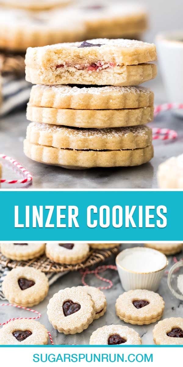 collage of linzer cookies, top image is of three cookies stacked, bottom image is of cookies on marble surface spread out