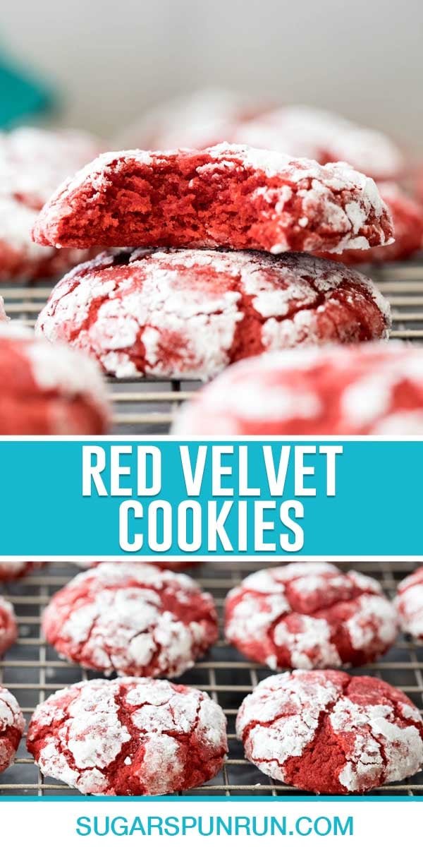 collage of red velvet cookies, top image is close up image of two stacked with top cookie missing a bite, bottom image is of multiple cookies on rack cooling