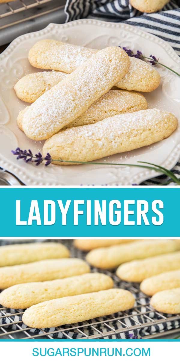 collage of ladyfingers, top image of multiple cookies on white plate dusted with sugar, bottom image of cookies cooling on rack,
