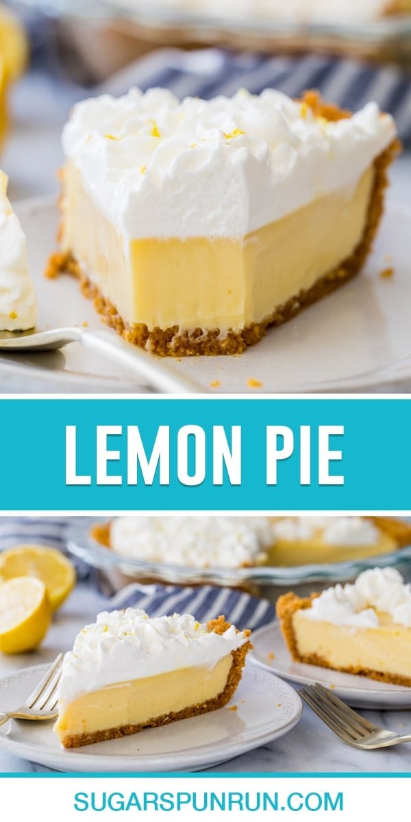 collage of lemon pie, top image of single slice with bite taken out, bottom image of two full slices