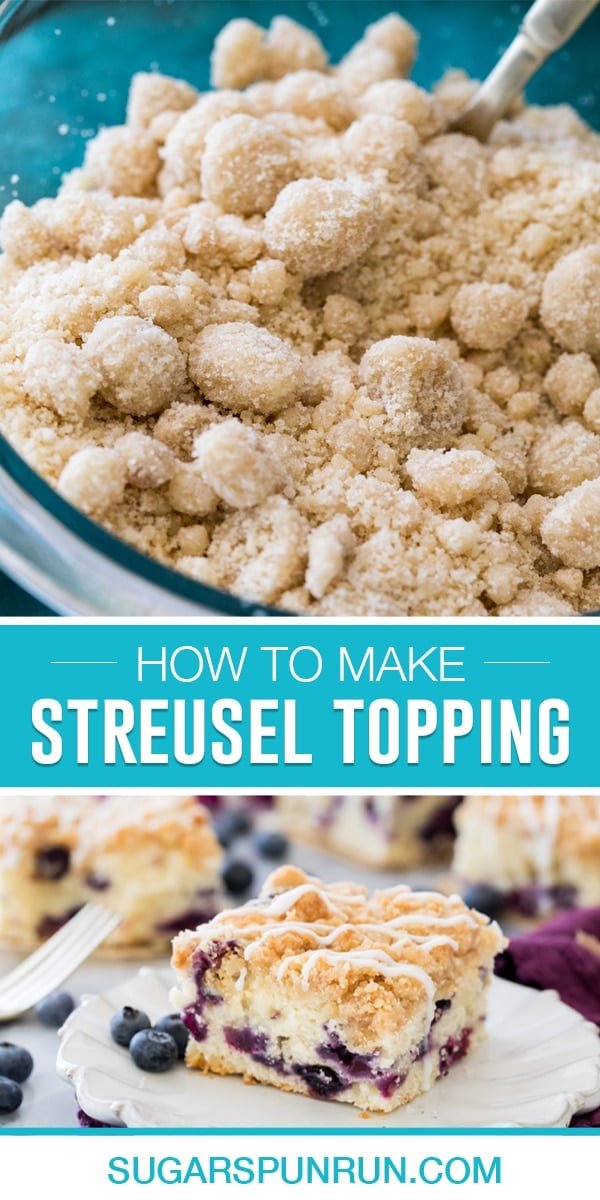 collage of streusel topping, top image of streusel topping in bowl, bottom image on top of slice of cake