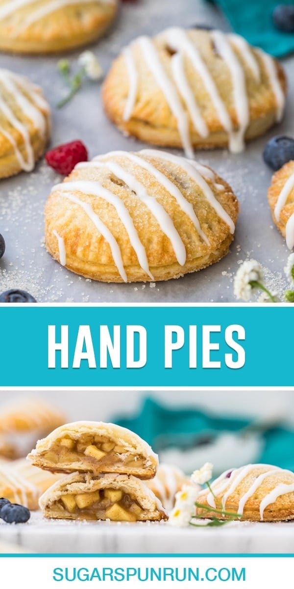 collage of hand pies, top image of several evenly placed on marble slab, bottom image of hand pie cut in half and stacked.