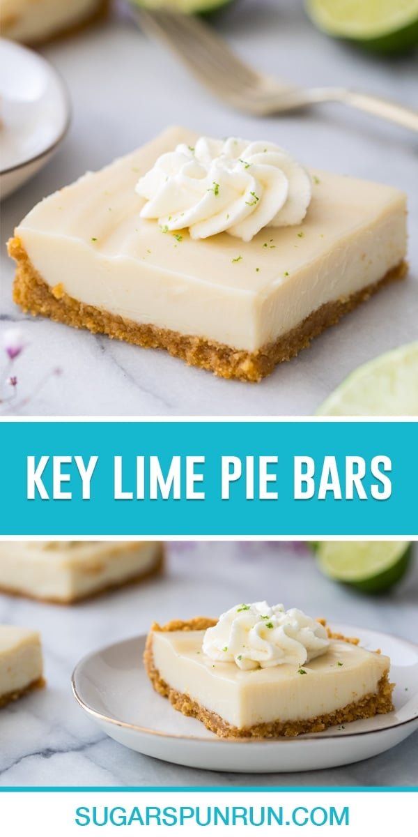 collage of key lime pie bars, top image is of close up single bar, bottom image of bar on white plate