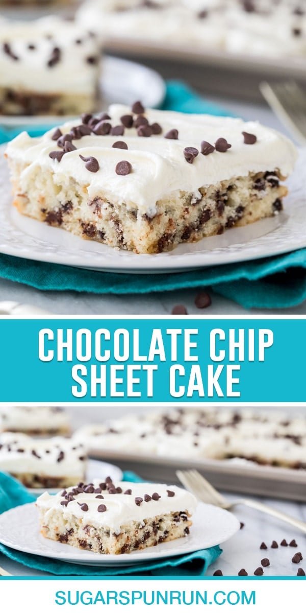 collage of chocolate chip sheet cake, top image of single slice of cake close-up, bottom image of slice of cake on white plate