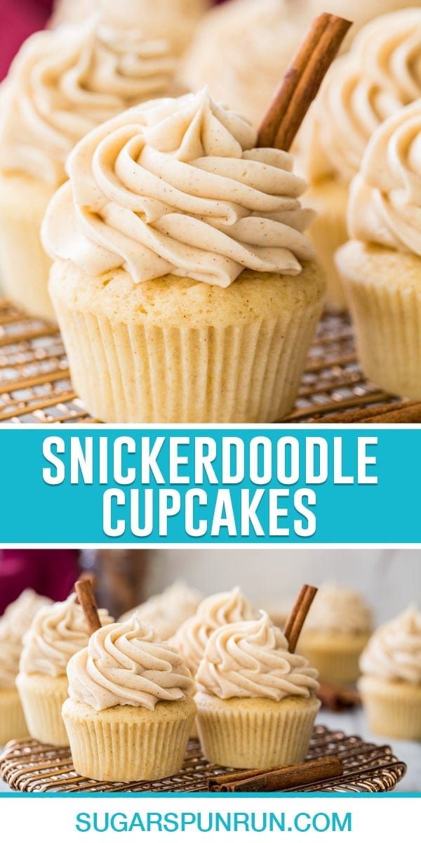 collage of snickerdoodle cupcakes, top image of close up of cupcake, bottom image of multiple images on wire serving tray
