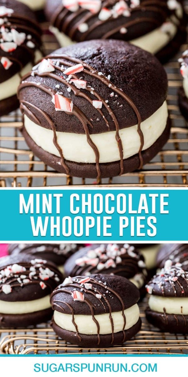 collage of mint chocolate whoopie pies, top image is a close up of one single whoopie pie, bottom image of multiple of gold wire rack