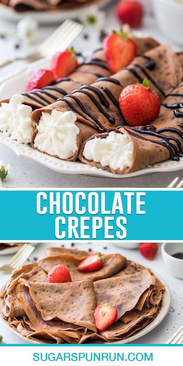 collage of chocolate crepes, top image of three crepes rolled with filling and served with strawberries, bottom image of them folded on plate