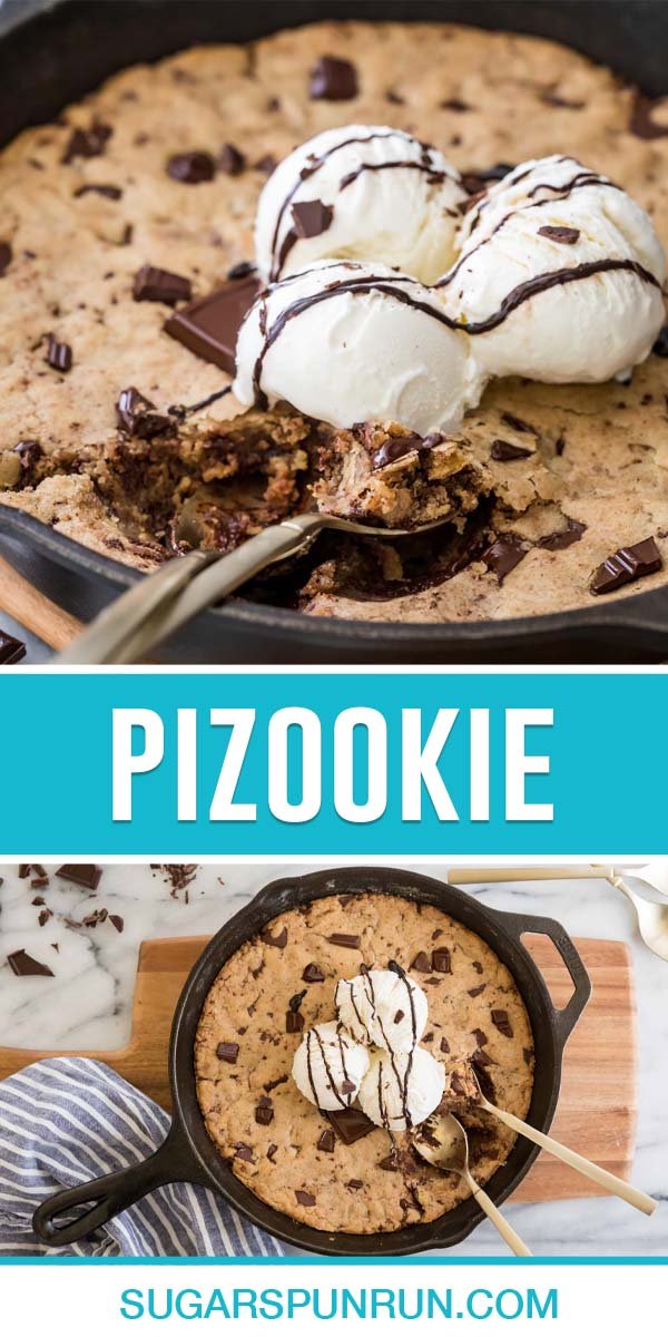 collage of pizookie, top image of close up of warm pizookie with vanilla icecream on top, bottom image of pizookie in skillet