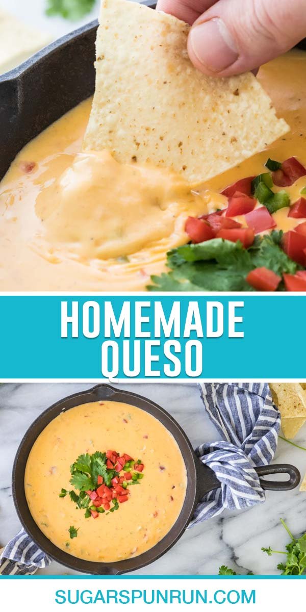 collage of homemade queso, top image of chip being dipped in, bottom image of queso in cast iron skillet ready to be served