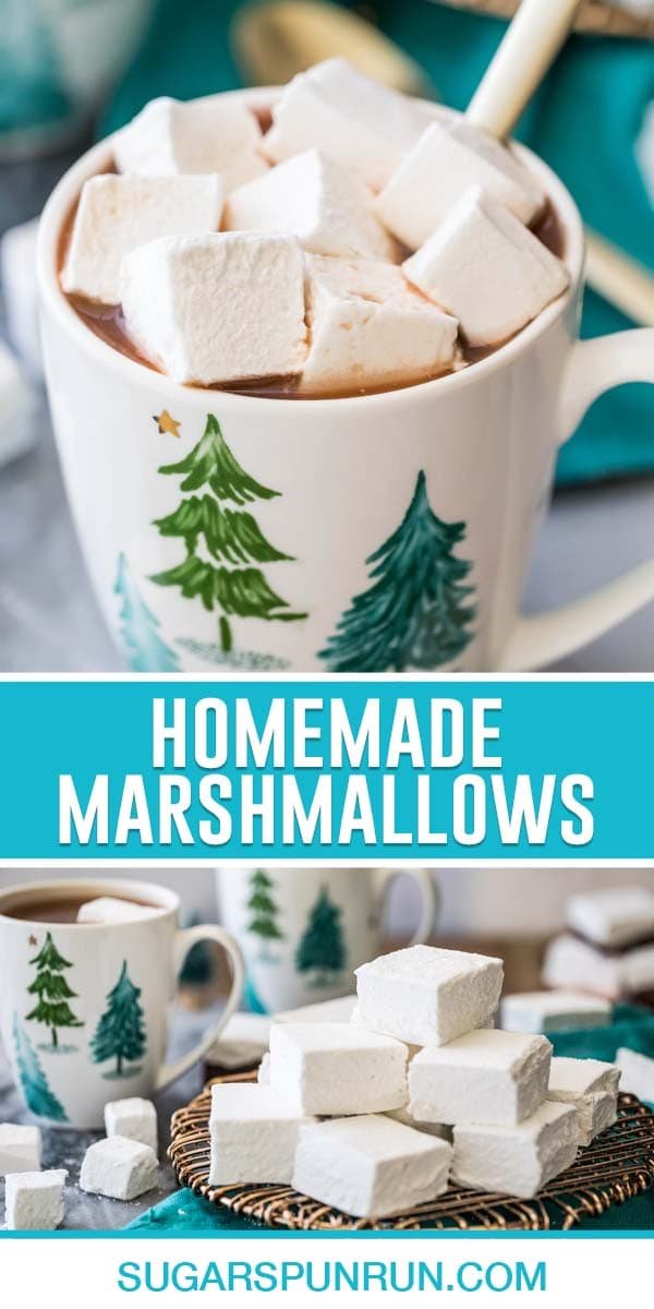 collage of homemade marshmallows, top image of marshmallows in cup of hot chocolate, bottom image of cut up squares of marshmallows stacked