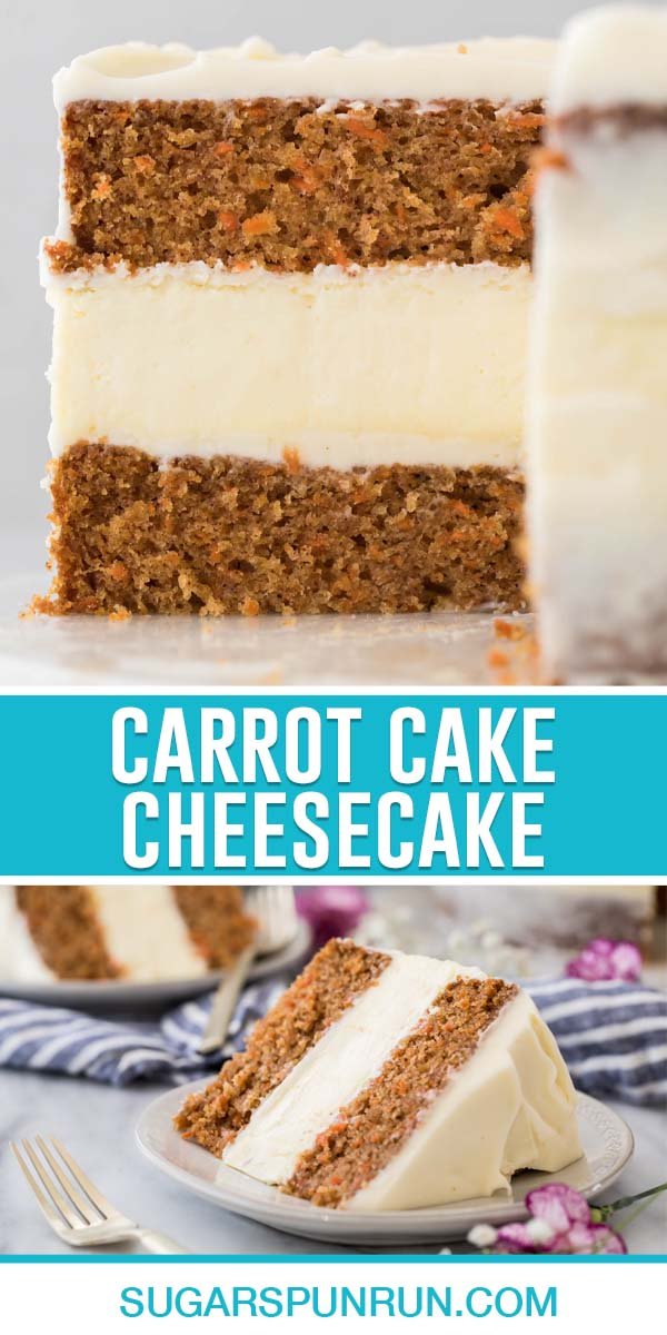 collage of carrot cake cheesecake, top image is close up of inside full cake, bottom image is of a single slice on white plate