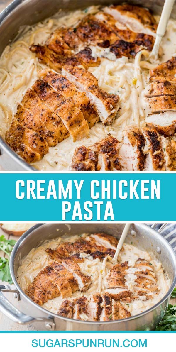 collage of creamy chicken pasta, top image of dish in pot close up, bottom image taken further away