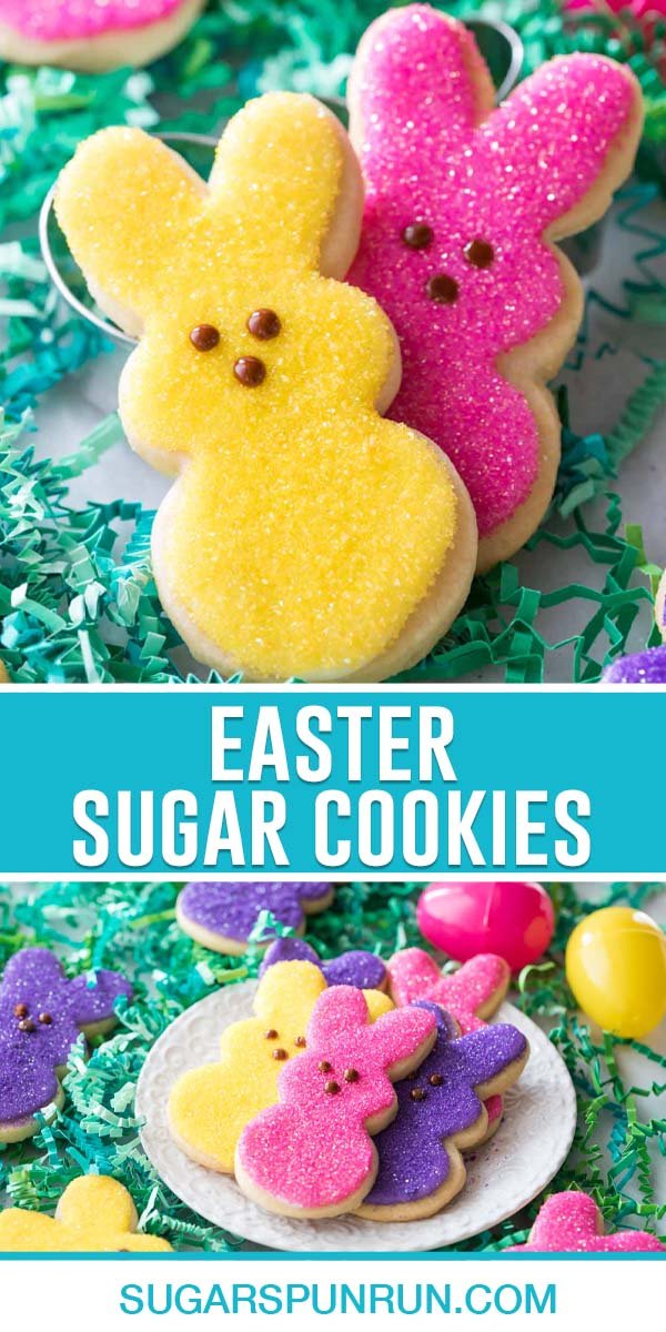 collage of easter sugar cookies, top image of two close up bunny cookies pink and yellow, bottom image of multiple bunny sugar cookies on a white plate