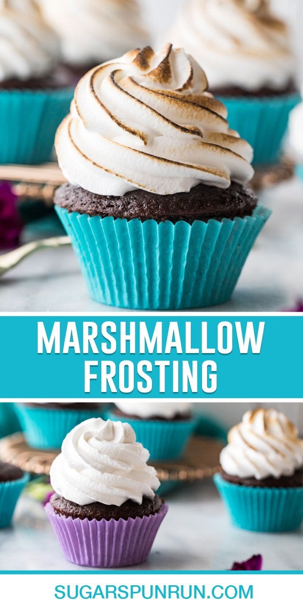 collage of marshmallow frosting, top image of single chocolate cupcake with marshmallow frosting toasted, bottom image of multiple cupcakes spread out one toasted, one not toasted