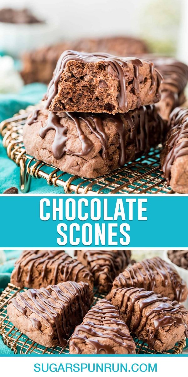 collage of chocolate scones, top image of two stacked top one bite taken, bottom image is of circle of scones sliced