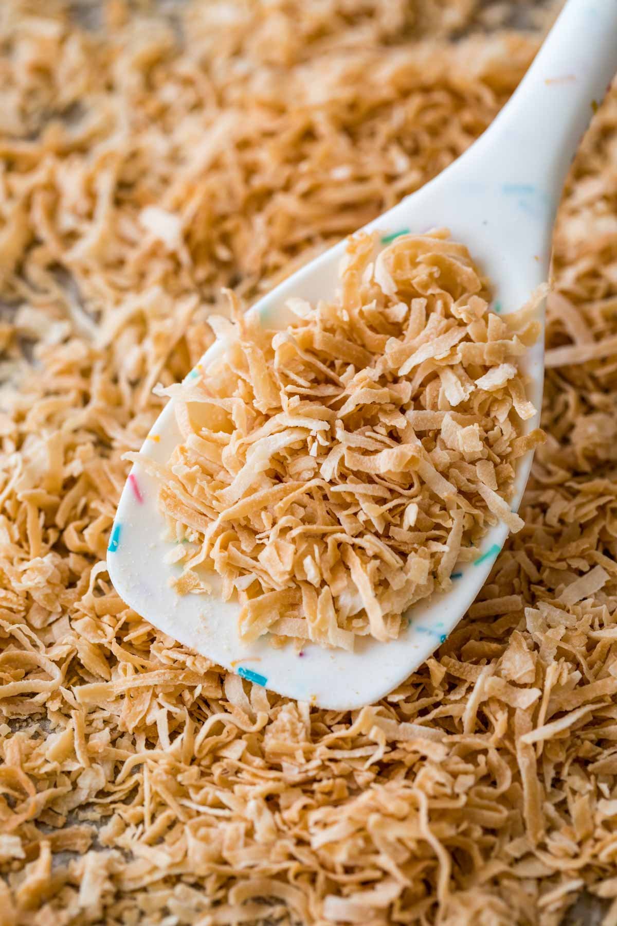 spoon scooping toasted coconut