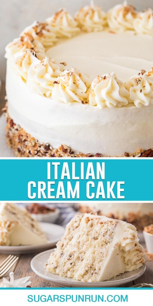 collage of italian cream cake, top image of full cake, bottom image of single slice