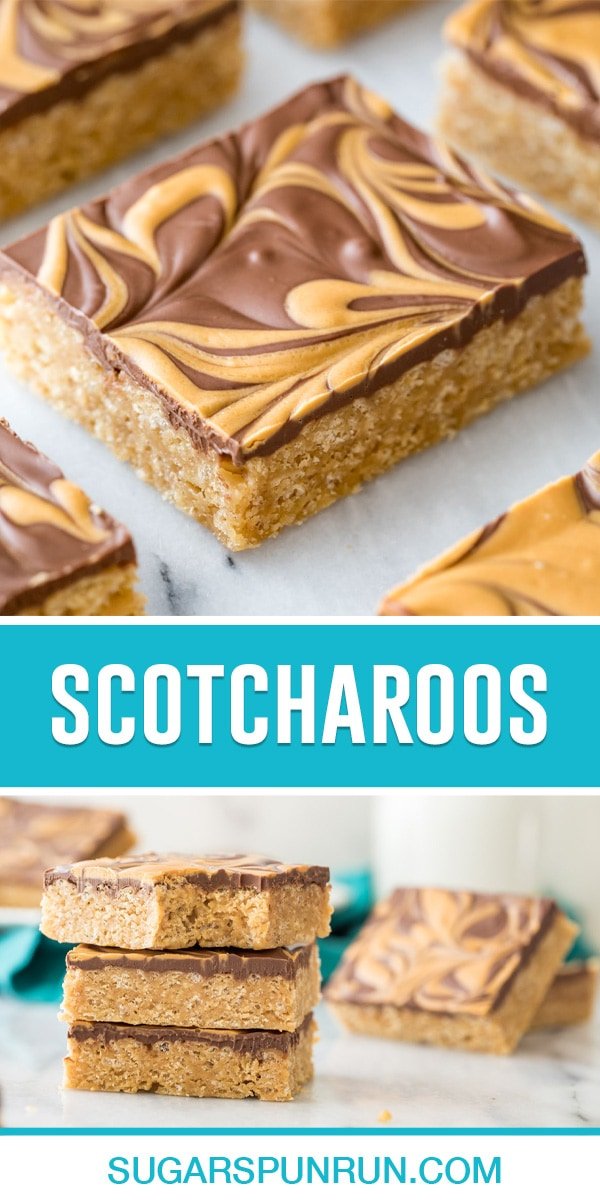 collage of scotcharoos, top image close up of bar, bottom image of three bars stacked