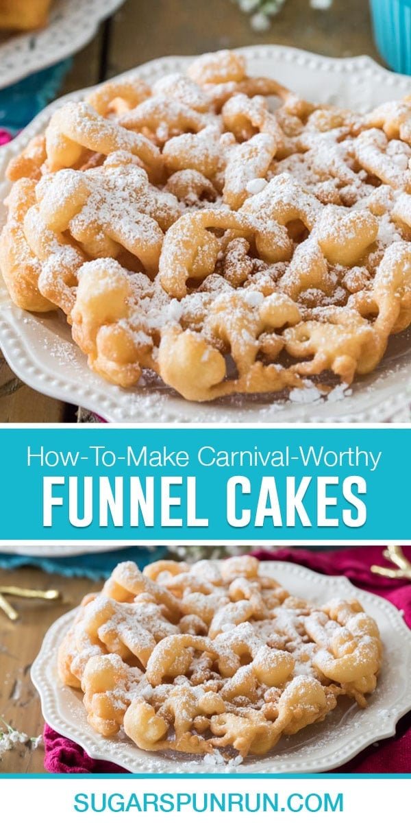 collage of funnel cake, top image is a close up of a funnel cake, bottom image taken further away