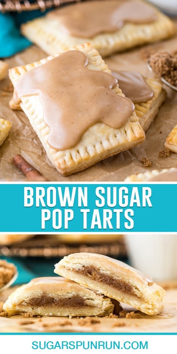 collage of brown sugar pop tarts, top image of two pop tarts stacked, bottom image of them cut open
