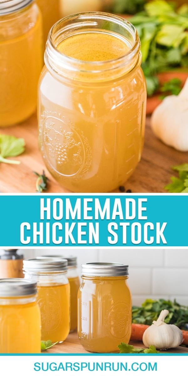collage of homemade chicken stock, image of stock in jar, bottom image of multiple jars full of stock