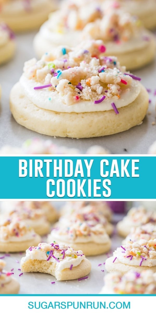 collage of birthday cake cookies, top image of single cookie, bottom image of multiple nicely spread out, one cookie with bite taken out.