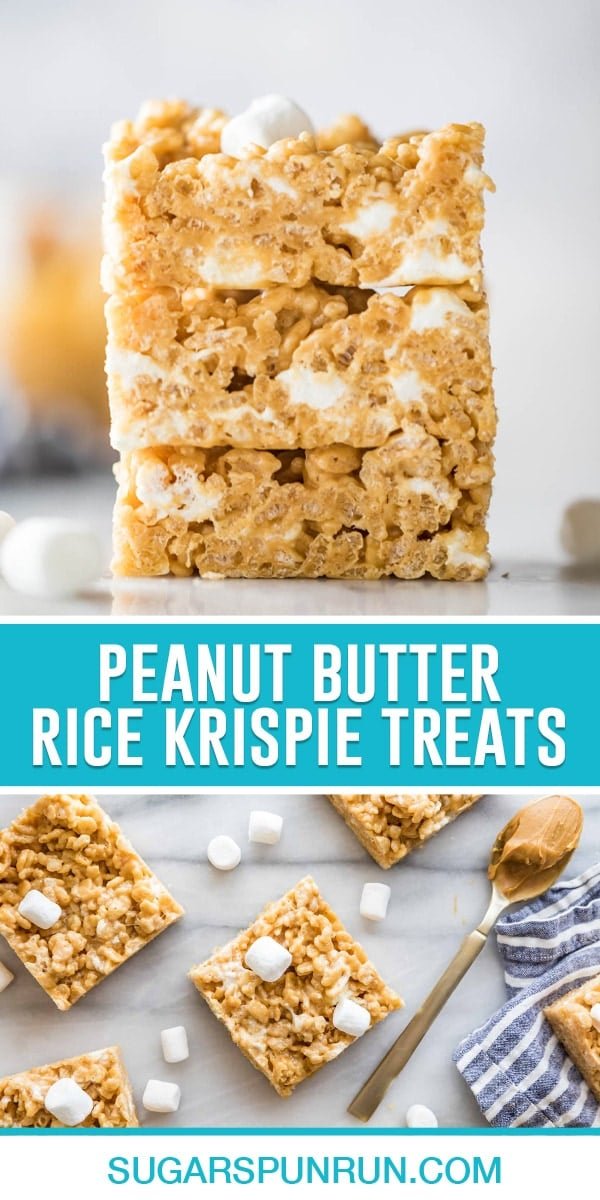 collage of peanut butter rice krispie treats, top image of three bars stacked, bottom image of multiple cut bars scattered neatly on marble slab with ingredients surrounding