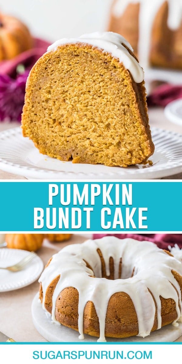 collage of pumpkin bundt cake, top image of slice of cake on white plate, bottom image of full bunt cake close up