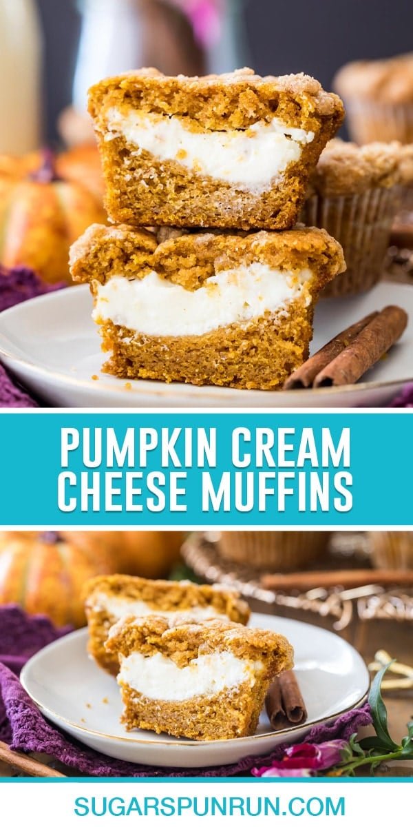 collage of pumpkin cream cheese muffns, top image of muffin cut open stacked, bottom image of cut open muffin on plate