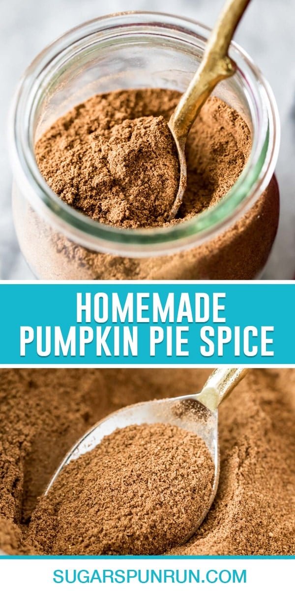 collage of homemade pumpkin spice, top image of spice in jar with gold spoon, bottom image is of a close up of spice in spoon