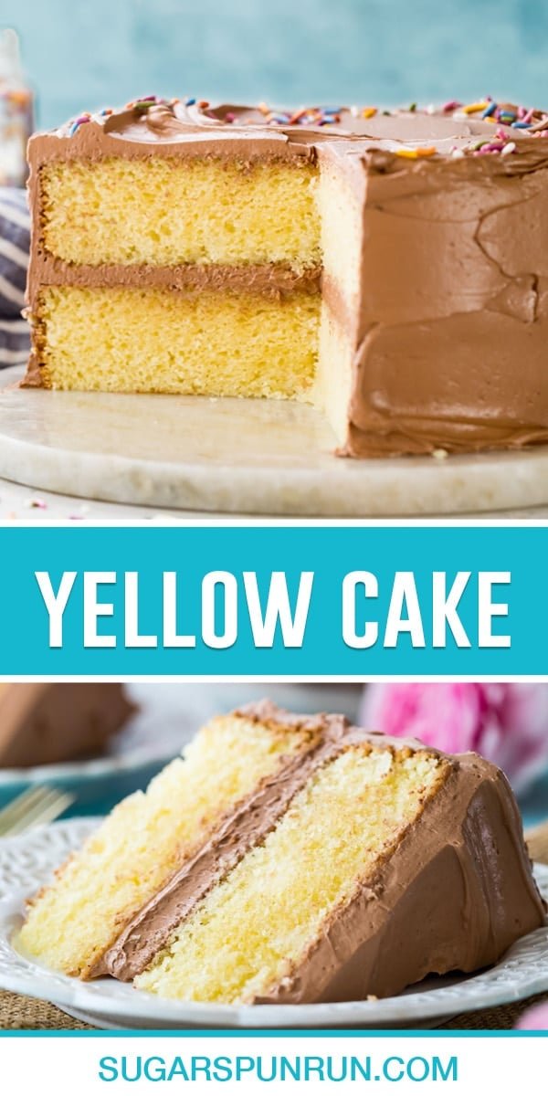 collage of yellow cake, top image of full cake with slice take out, bottom image of single slice on white plate