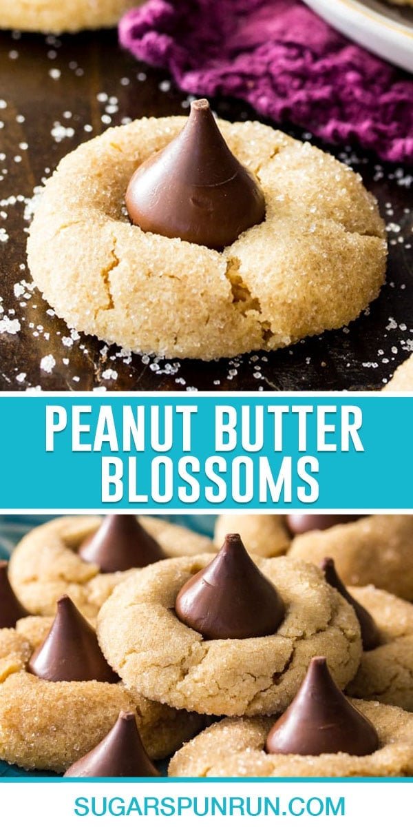 collage of peanut butter blossoms, top image of single cookie close up, bottom image of cookies neatly stacked