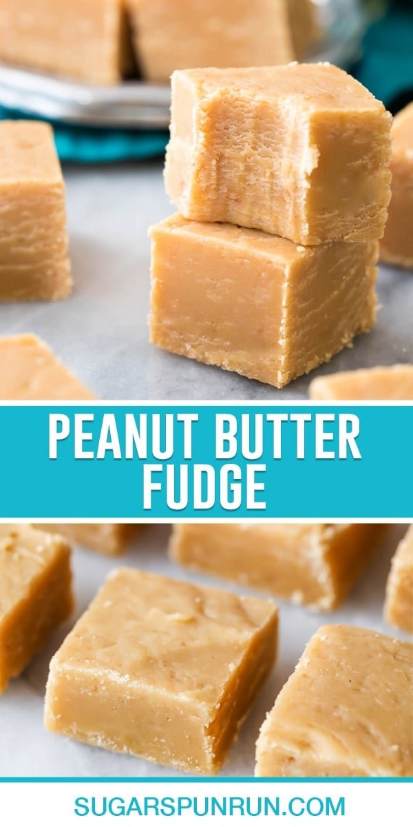 collage of peanut butter fudge, top image of two pieces stacked with bite taken out of top piece, bottom image of multiple pieces neatly spread out
