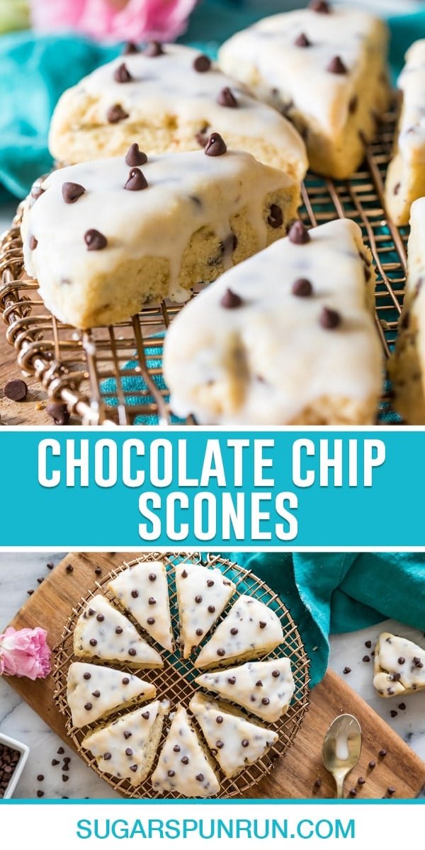 collage of chocolate chip scones, top image is of a close up of four scones on gold rack, bottom image photographed from above