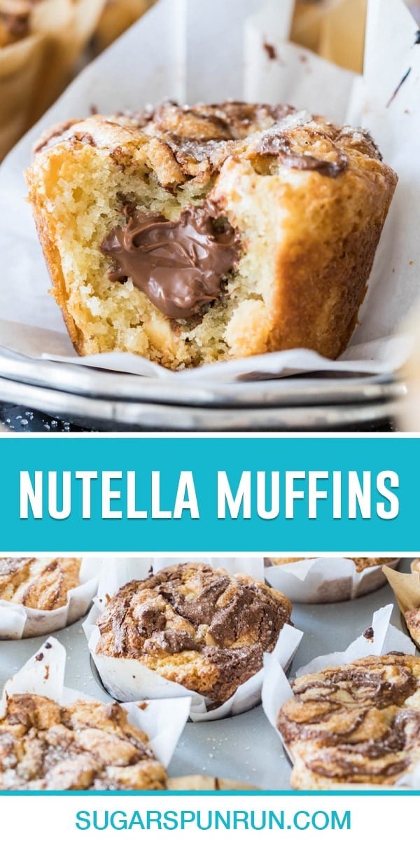 collage of nutella muffins, top image is of close up with bite taken out, bottom image of muffins cooling in muffin pan