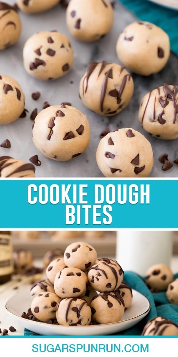 collage of cookie dough bites, top image of bites nicely placed on marble slab, bottom image of the bites stacked on white plate