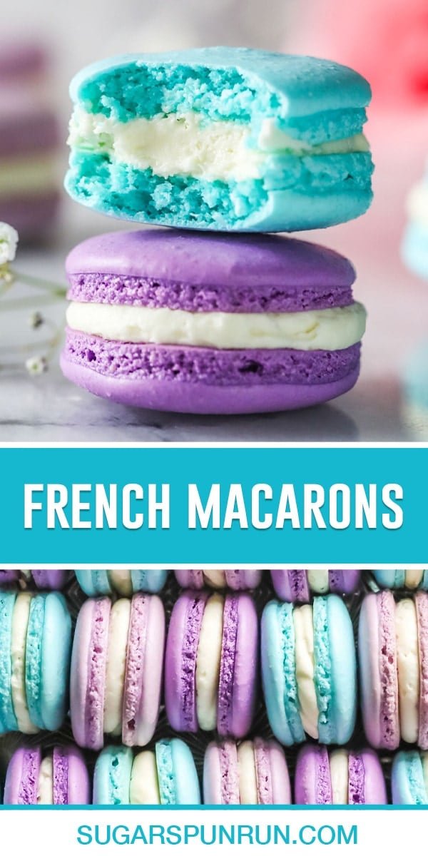 collage of french macarons, top image of two macarons stacked with bite taken out, bottom image of macarons stacked in box