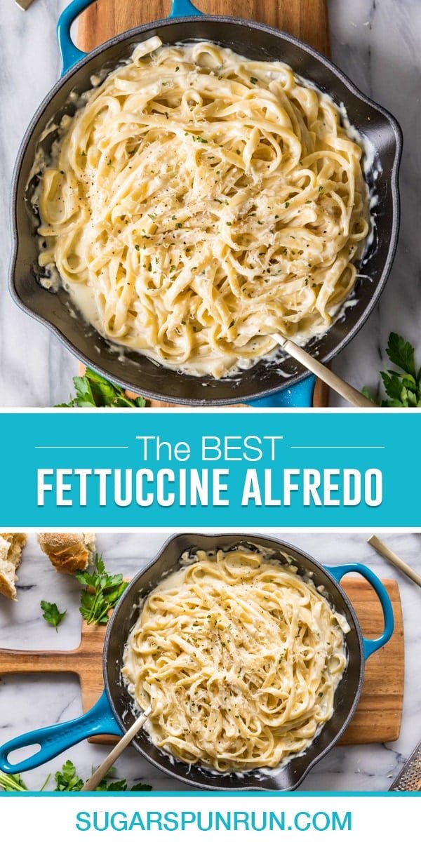 collage ofFettuccine Alfredo, top image of cast iron pot full of pasta close up, bottom image of same photographed further away