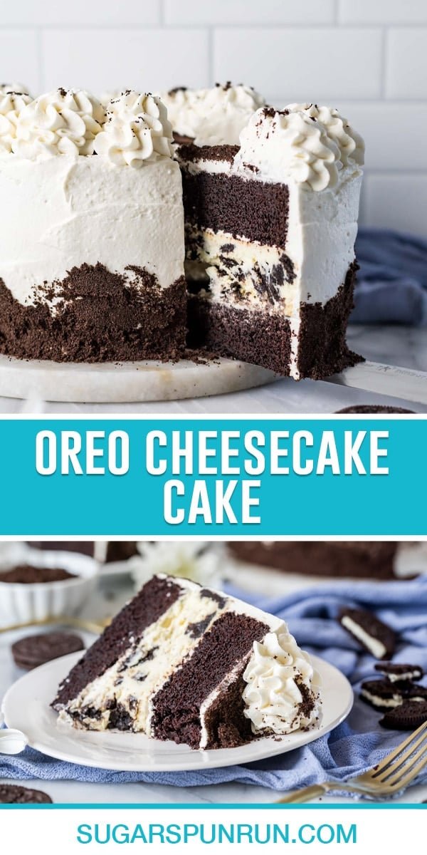 collage of oreo cheesecake cake, top image of full cake with slice being removed, bottom image of slice on white plate with bites taken out