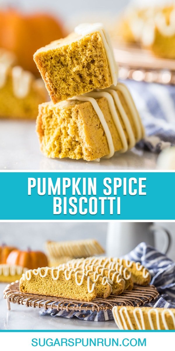 collage of pumpkin spice biscotti, top image of two biscotti broken in half stacked, bottom image nicely placed on gold wire rack