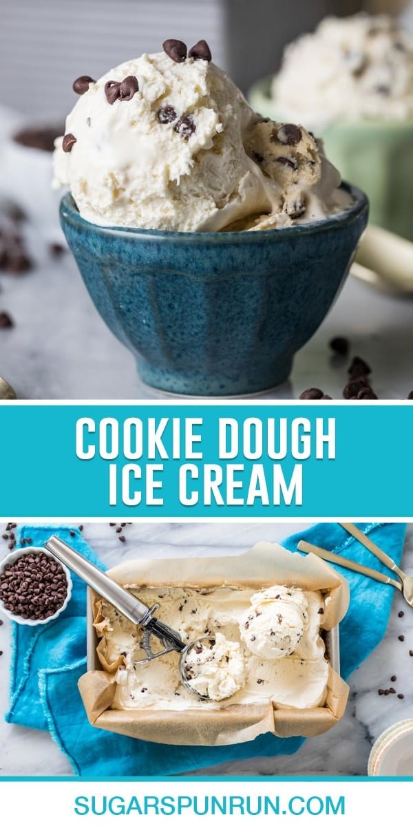 collage of cookie dough ice cream, top image of ice cream scooped into a teal bowl, bottom image of ice cream in pan being scooped photographed from above